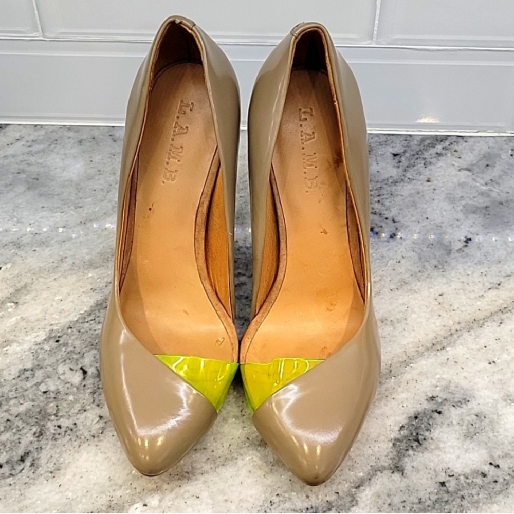 L.A.M.B. Taupe and Neon Yellow Heels